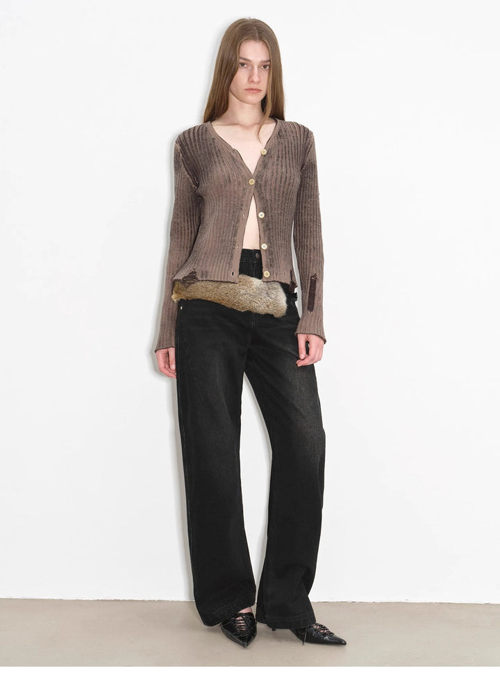 "Blue Island" heavy-duty distressed, slim and durable mid-rise curved knife cotton washed jeans by Firelady Fur