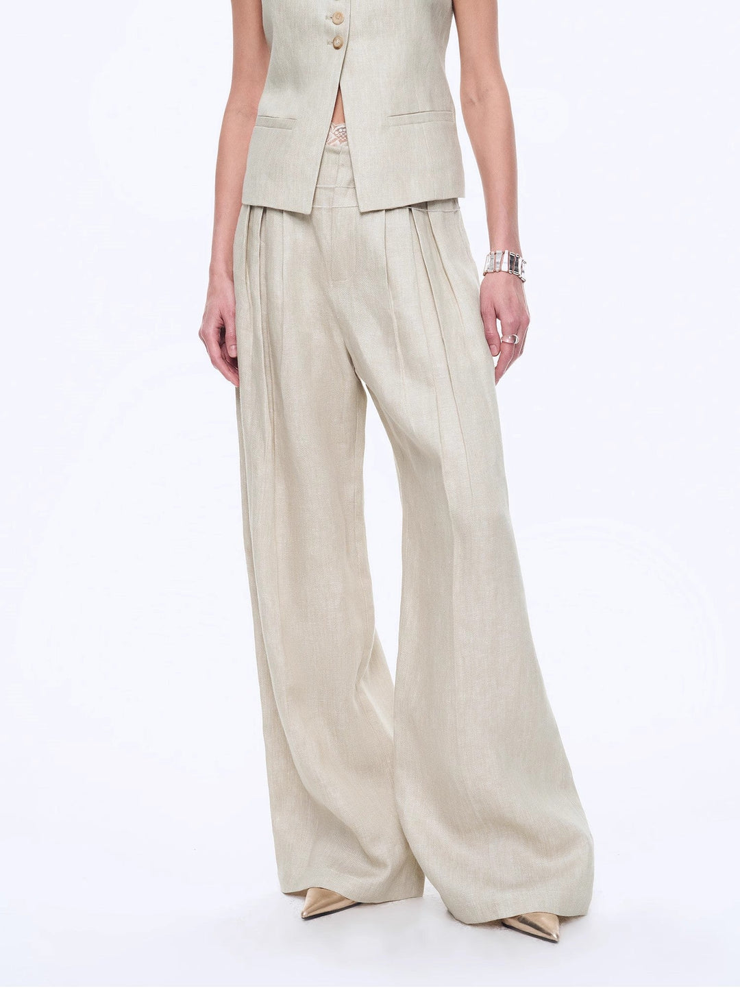 Fireladyfur Women's Linen Suit Set: Draped Vest & High-Waist Straight Trousers"Old Money Space" by Firelady Fur