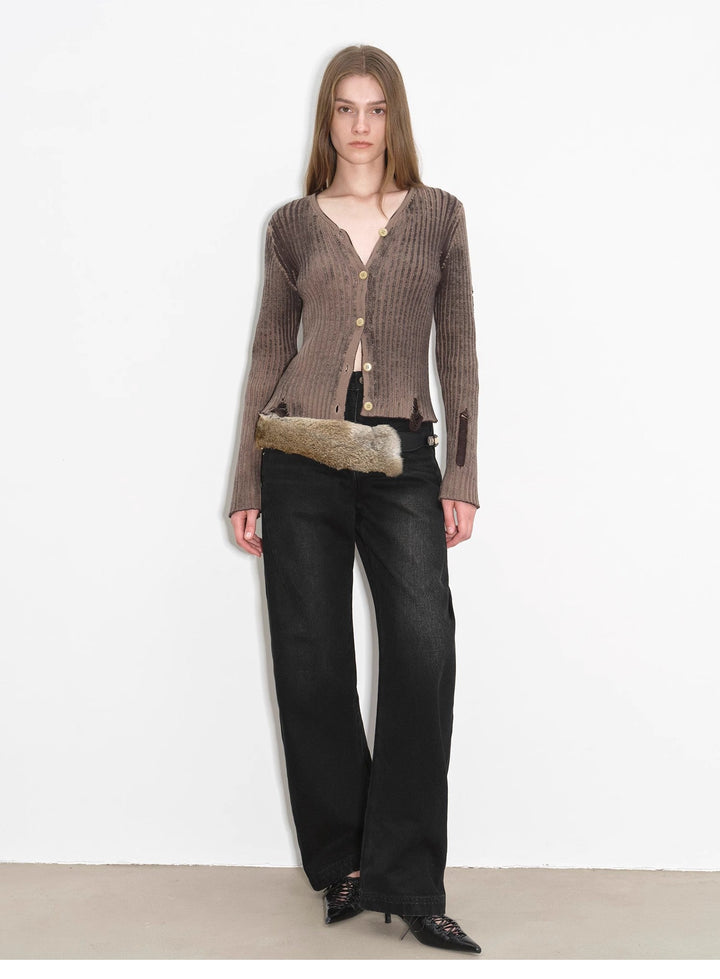 "Blue Island" heavy-duty distressed, slim and durable mid-rise curved knife cotton washed jeans by Firelady Fur