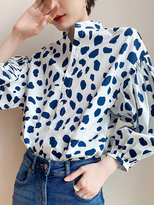 Loose Puff Sleeves Pleated Polka-Dot Split-Joint Stand Collar Blouses by migunica