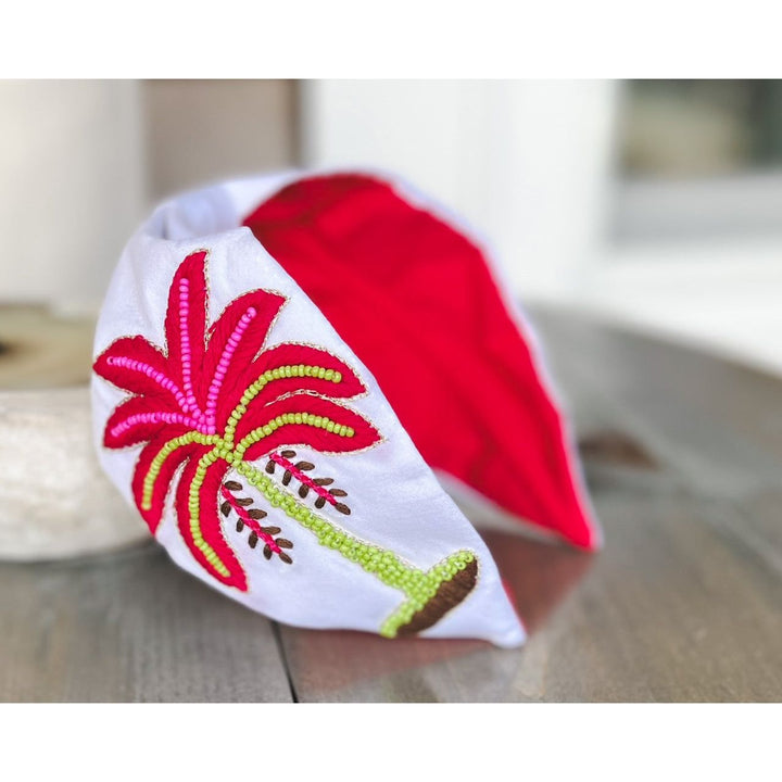 Pink Palm Tree Embroidered Seed Beaded Turban style Headband by OBX Prep