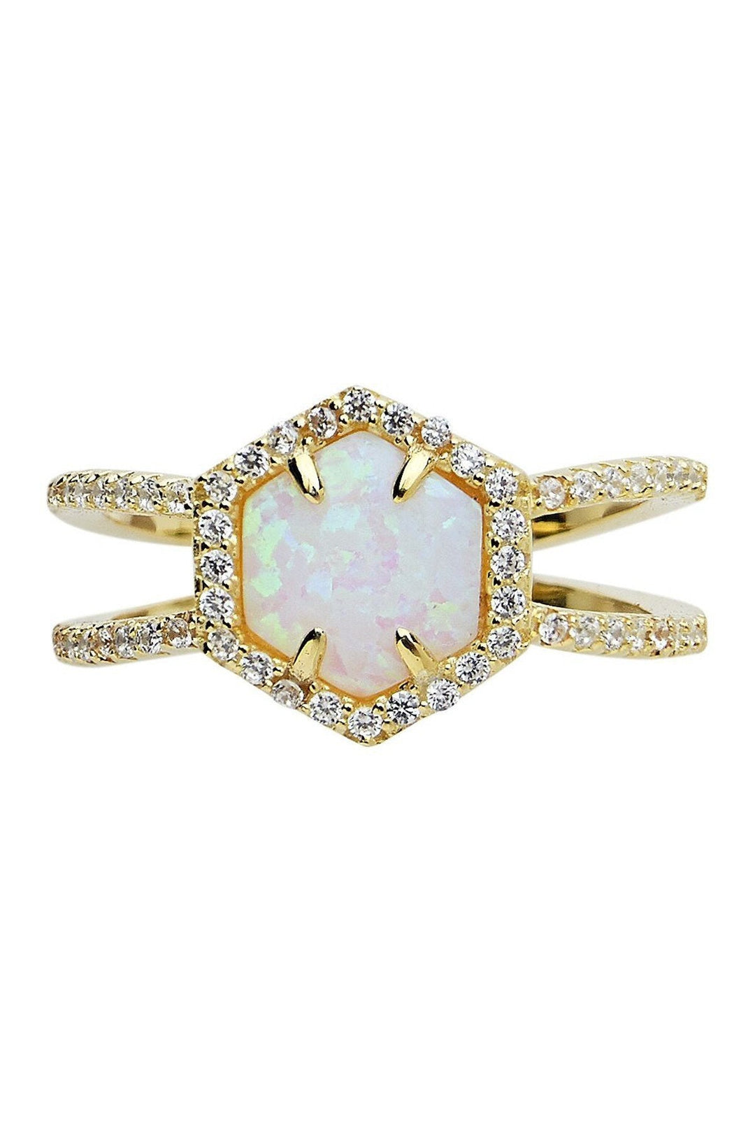 14K Gold Plated Sterling Silver Created Opal Gemstone Double Row Band Ring by Sterling Forever