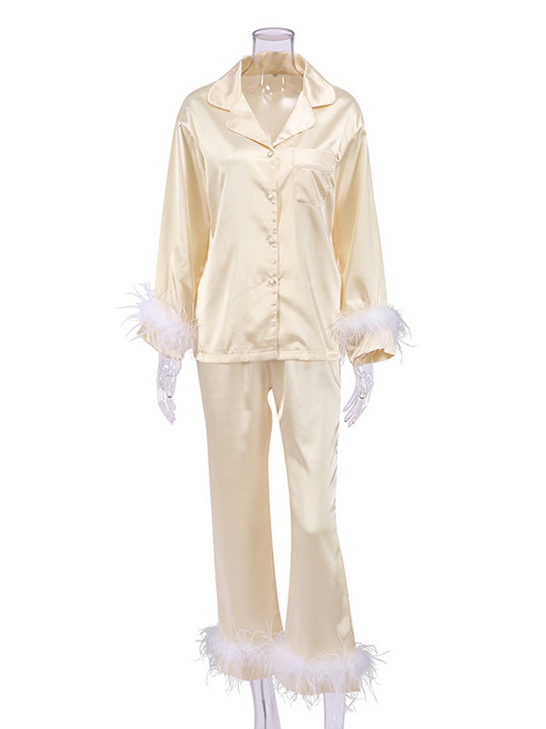 Long Sleeves Buttoned Feathers Split-Joint Notched Collar Shirts Top + Pants Bottom Pajama Sets by migunica