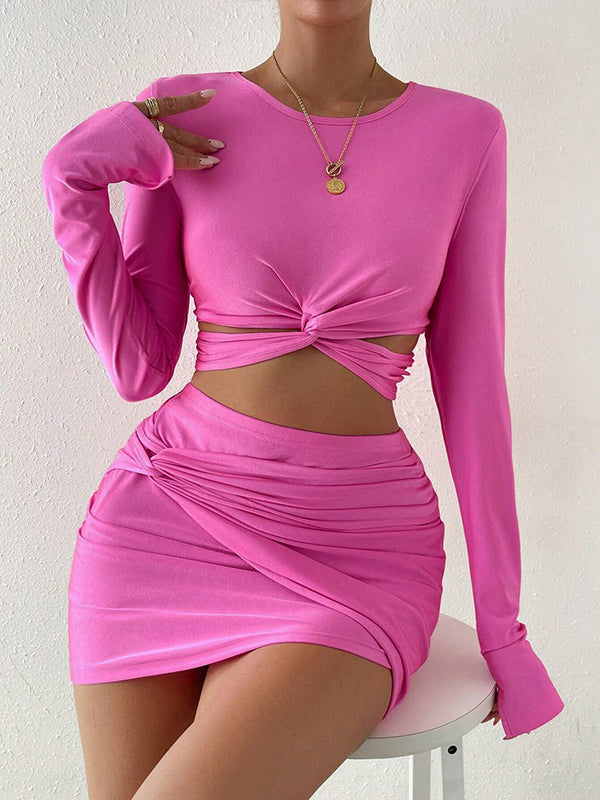 Bodycon Long Sleeves Hollow Knot Pleated Solid Color Round-Neck Two Pieces Set by migunica