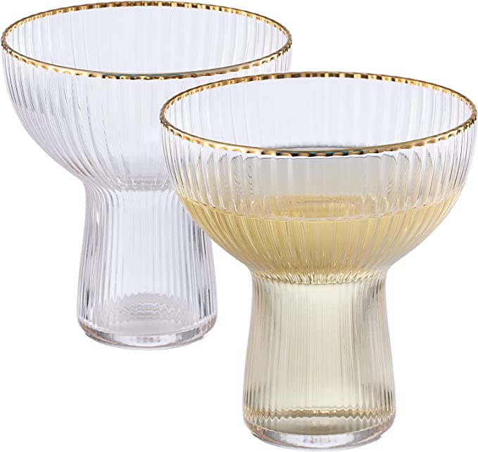 Ribbed Stemless Margarita Glasses with Gold Rim - Set of 4 (10 OZ)