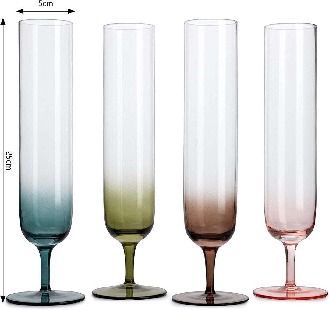 Multicolored Beautiful Champagne Flutes 10" Stemmed - 4 Set