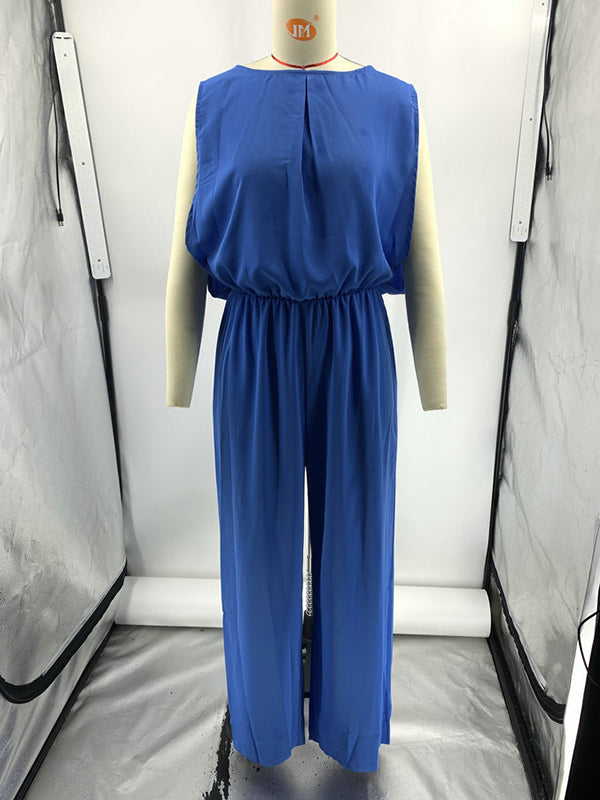High Waisted Sleeveless Backless Elasticity Pleated Solid Color Split-Joint Jumpsuits by migunica