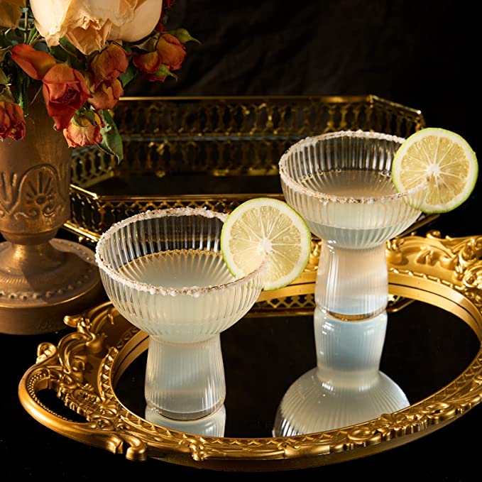 Ribbed Stemless Margarita Glasses with Gold Rim - Set of 4 (10 OZ)