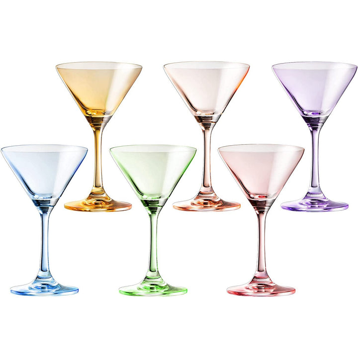 Martini Glasses Set of 6 | 8oz | Crystal Luxury Martini Glass - Elegant Colors - Premium Hand-Blown | Art Deco Cocktail Colored Coupes For Manhattan, Cosmopolitan, Sidecar, Speakeasy - Stemmed Goblets by The Wine Savant