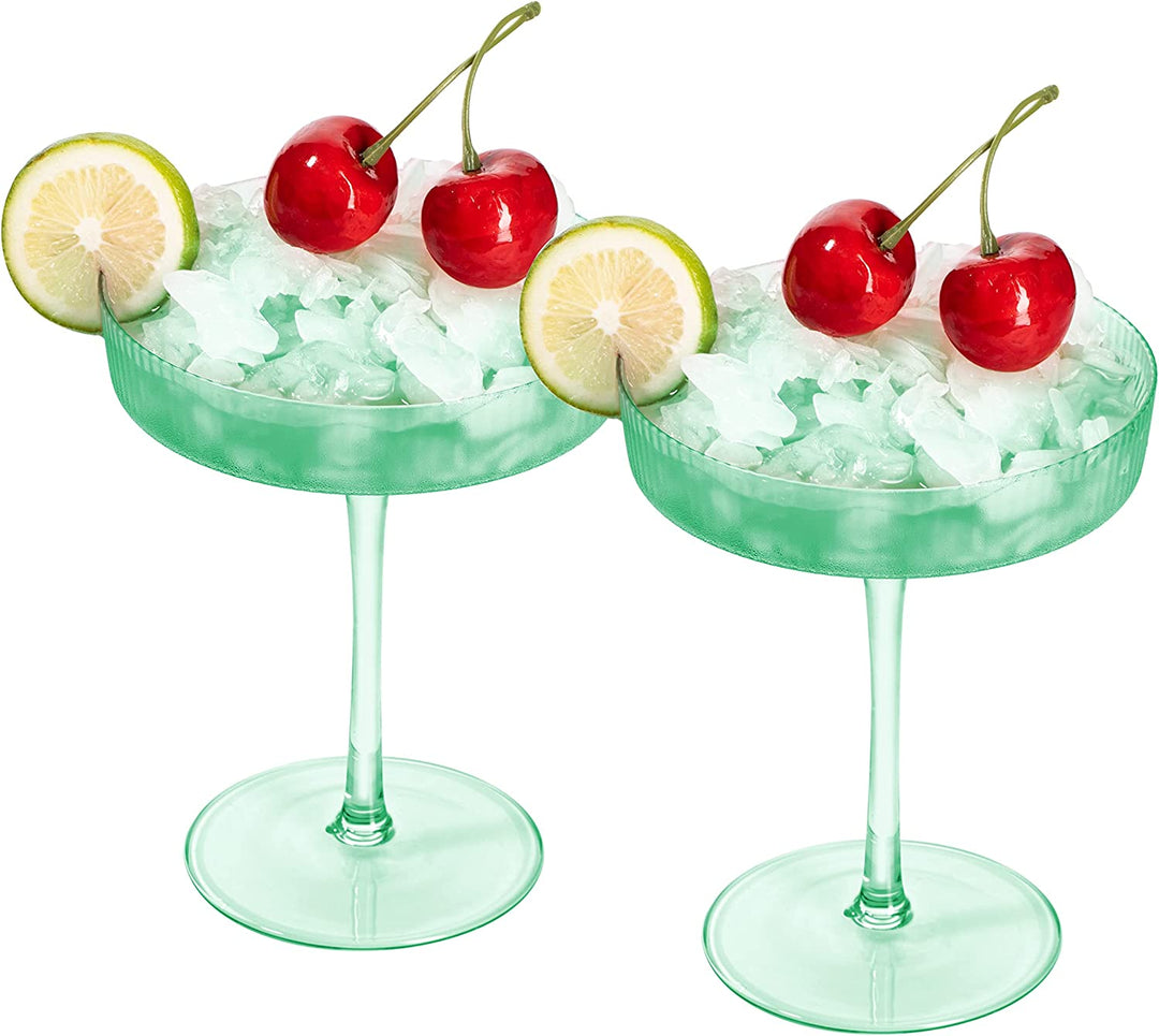 Ribbed Coupe Cocktail Glasses 8 oz | Set of 2 (Green)