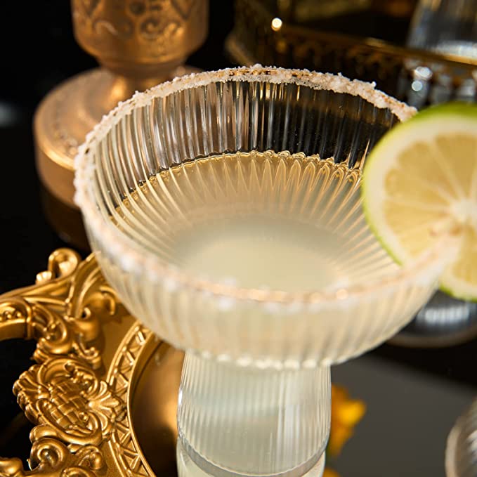 Ribbed Stemless Margarita Glasses with Gold Rim - Set of 4 (10 OZ)