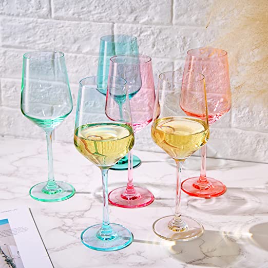 Colored Crystal Wine Glass Set of 6, Gift For Mothers Day, Her, Wife, Mom Friend - Large 12 oz Glasses, Unique Italian Style Tall Drinkware - Red & White, Dinner, Beautiful Glassware - (Summer) by The Wine Savant
