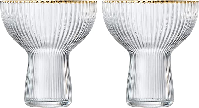 Ribbed Stemless Margarita Glasses with Gold Rim - Set of 4 (10 OZ)