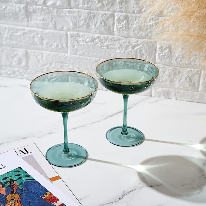Colored Green & Gilded Rim Wine Glassware, Large 9oz (Coupe)