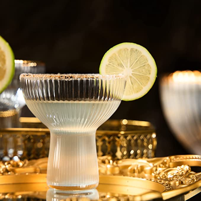 Ribbed Stemless Margarita Glasses with Gold Rim - Set of 4 (10 OZ)