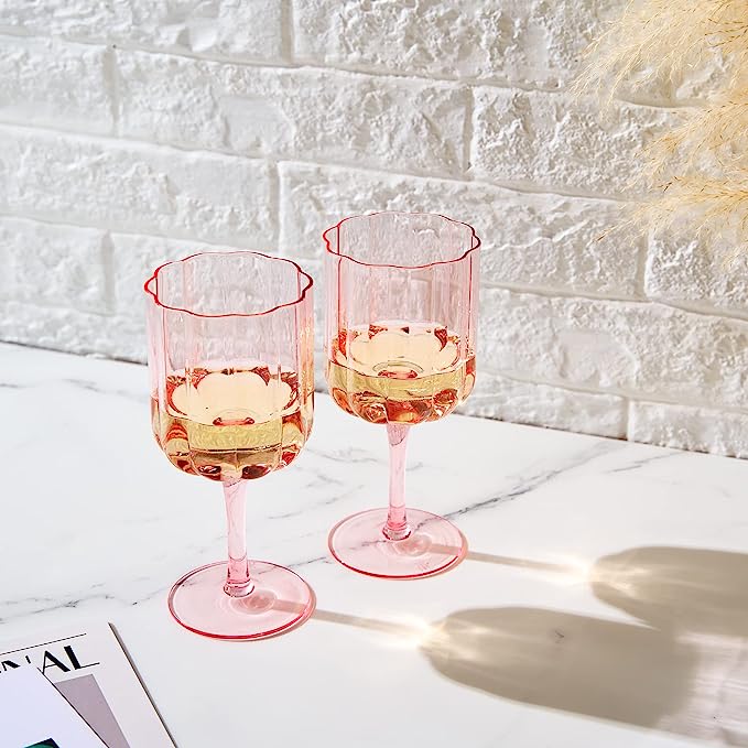 Flower Vintage Wine Glassware - Set of 2-13 oz (Pink)
