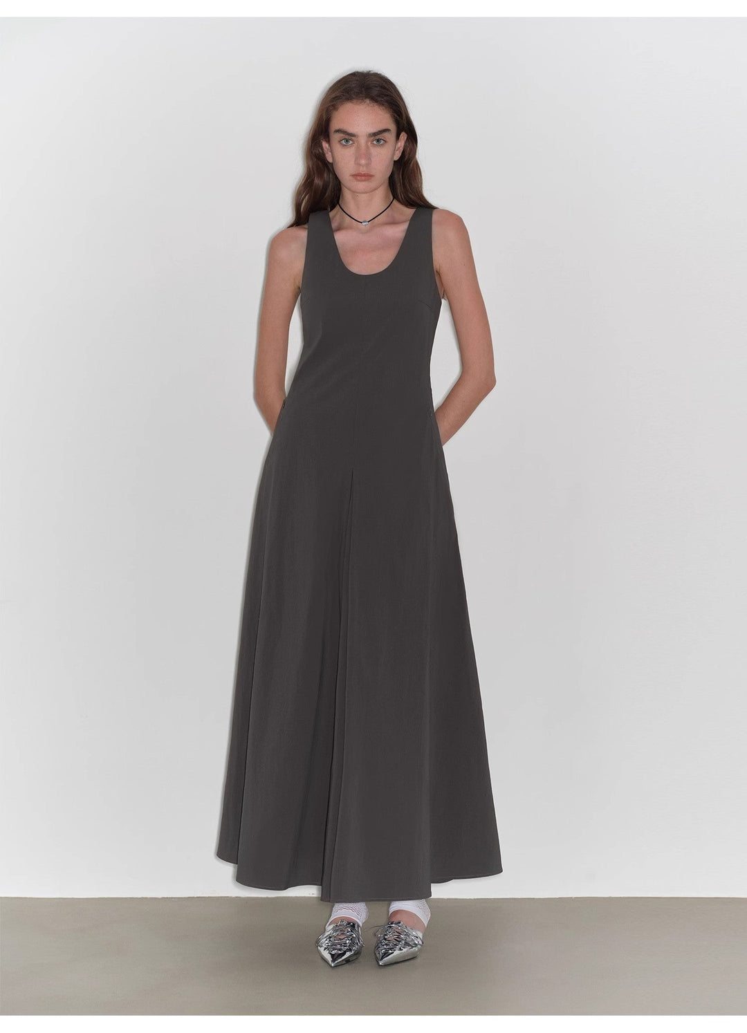 "Lake Bled" Simple and slim texture U-neck A-line slim fit vest dress by Firelady Fur