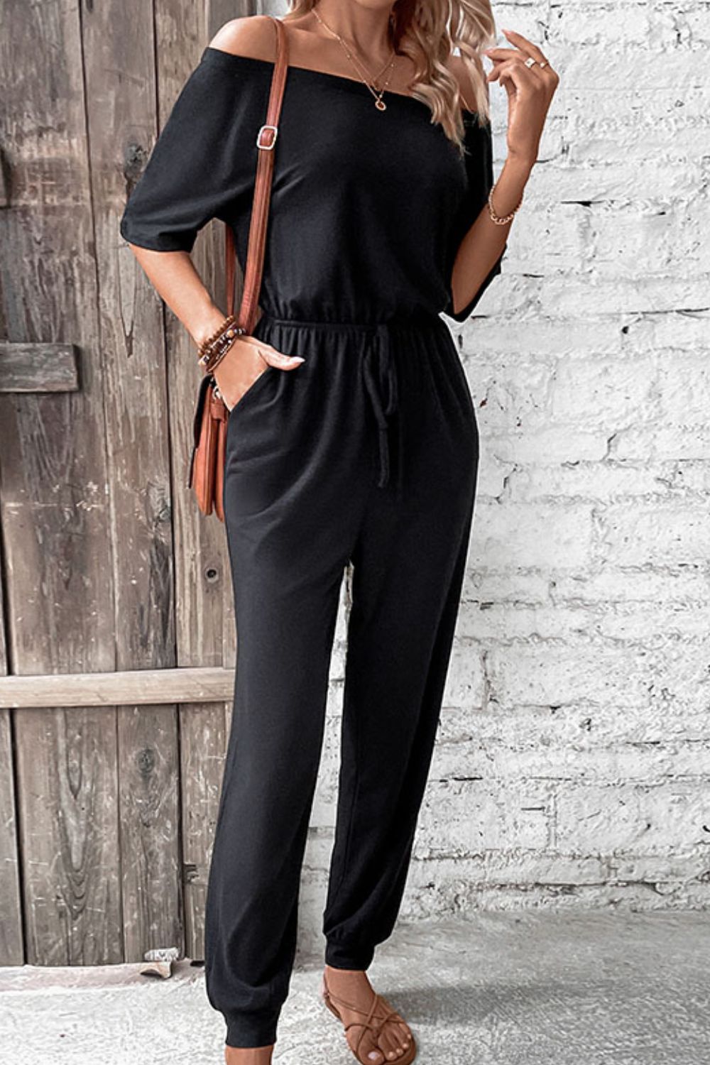 Off-Shoulder Jumpsuit with Pockets by Coco Charli