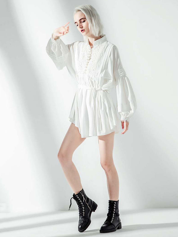Vacation Long Sleeves Puff Sleeves Embroidered Solid Color Stand Collar Mini Dresses by migunica