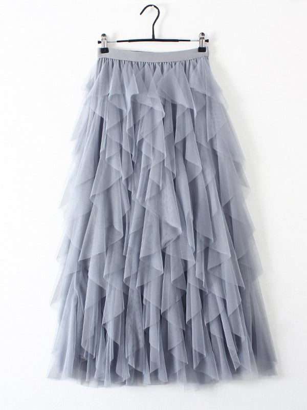 Original Irregular Mesh 4 Colors Falbala Pleated Elasticity Skirt by migunica