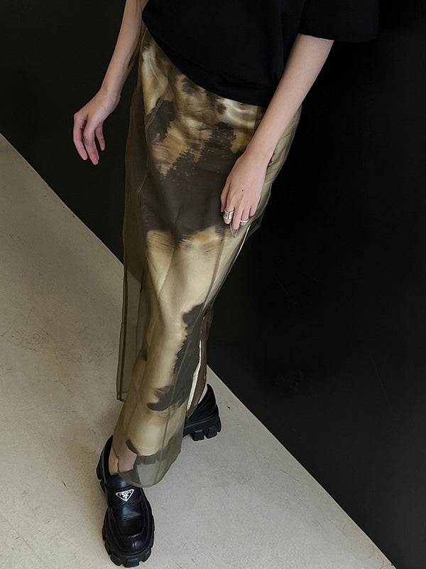 A-Line Gauze Printed Split-Joint Split-Side Skirts Bottoms by migunica