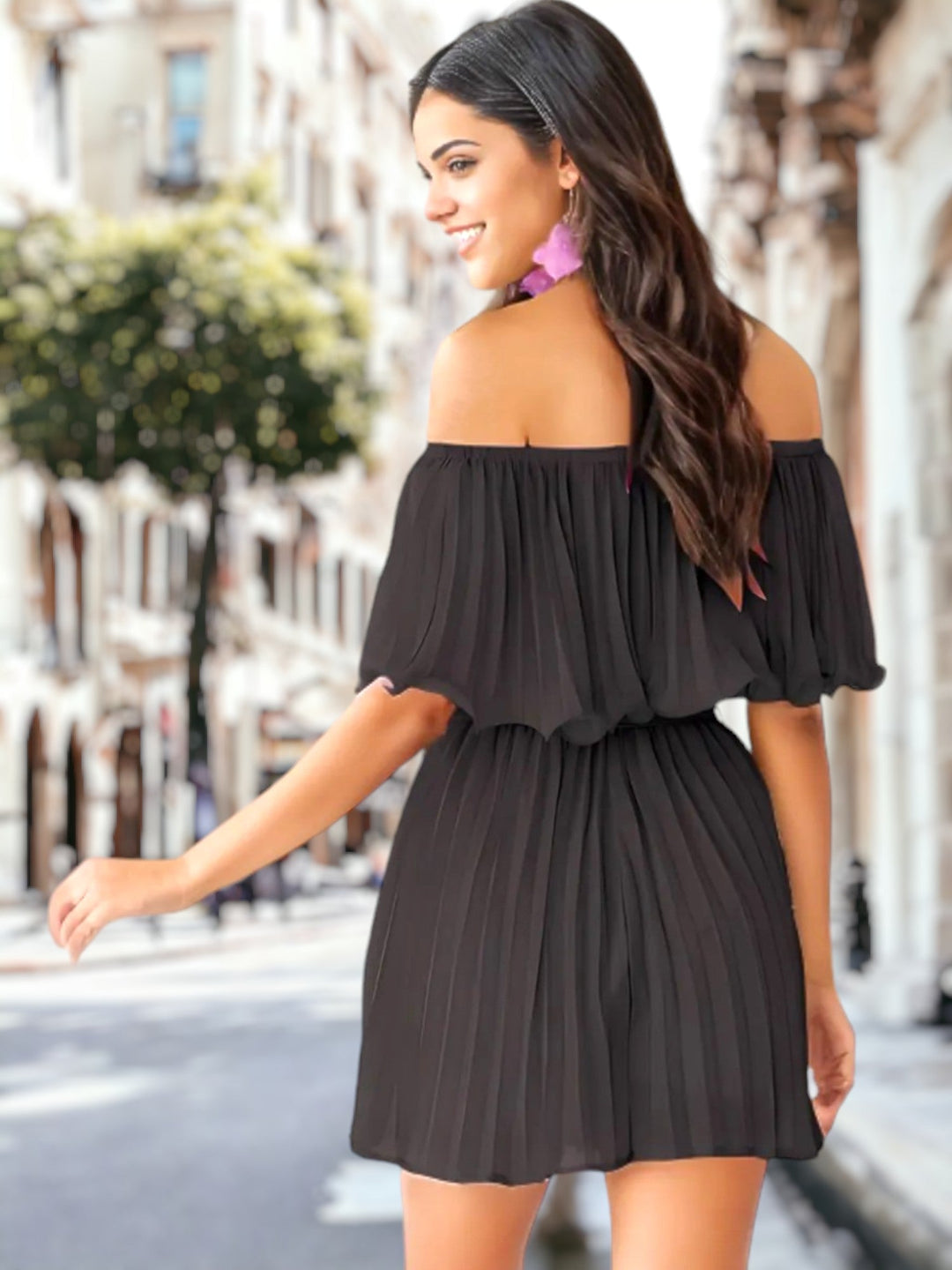 Solid Off-Shoulder Pleated Romper