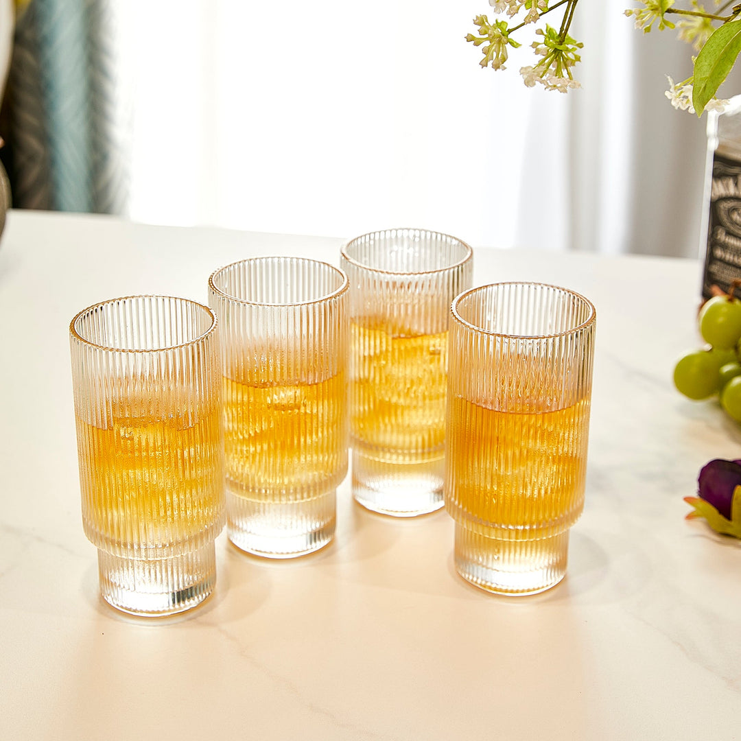 Vintage Art Deco Crystal Highball Ribbed Glass Set of 4 - 14oz