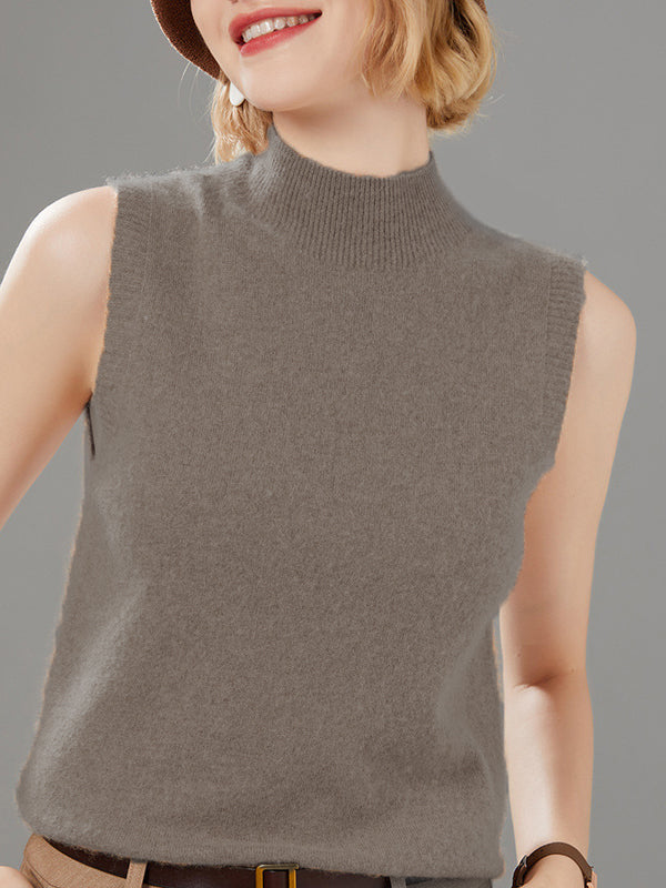 Stylish Wool Sleeveless Solid Color Half Turtleneck Vest Top by migunica