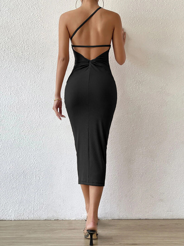 A-Line Bodycon Backless Pleated Solid Color One-Shoulder Midi Dresses by migunica