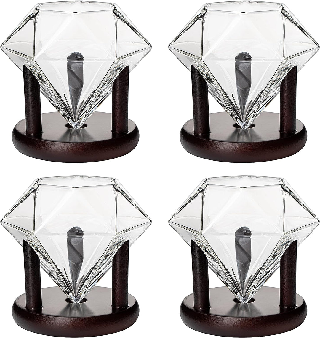 Set of 4 Diamond Whiskey & Wine Glasses With Wood Stands 10oz