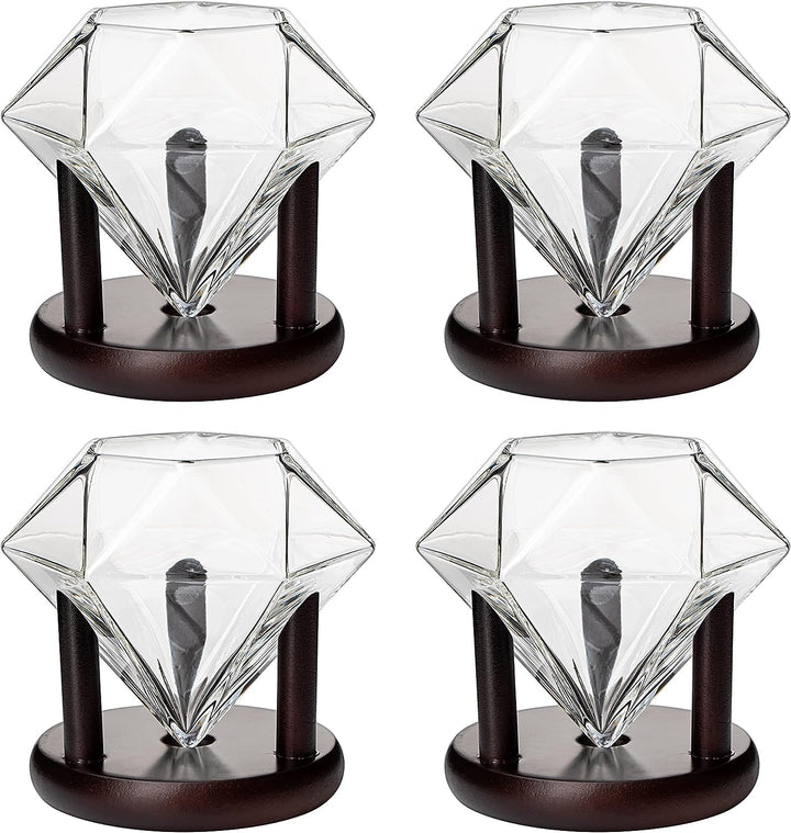 Set of 4 Diamond Whiskey & Wine Glasses With Wood Stands 10oz