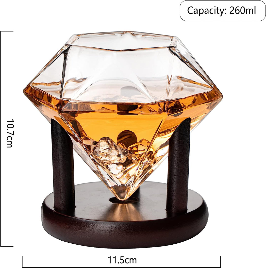 Set of 4 Diamond Whiskey & Wine Glasses With Wood Stands 10oz