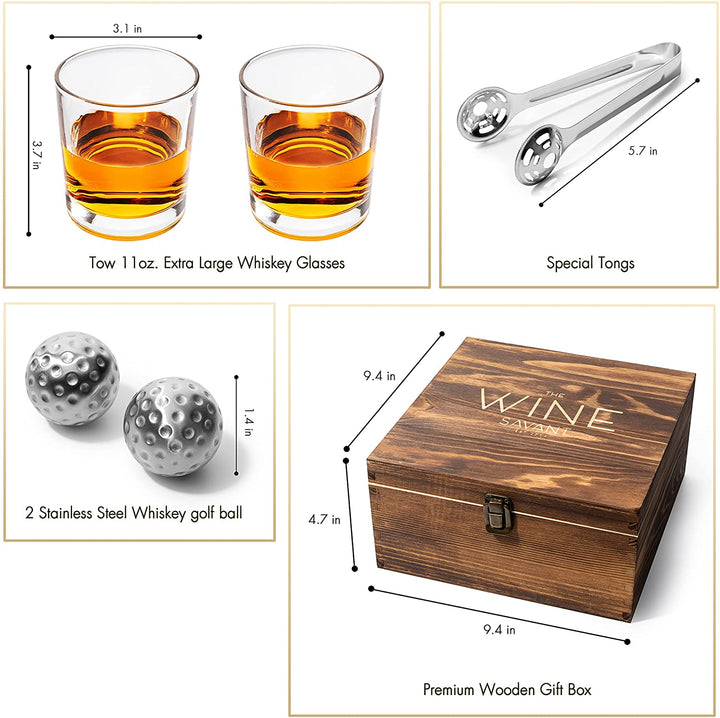 Luxurious Bar Gift Set - Golf Whiskey Glasses - Golf Ball Chillers - Tongs - Set in Premium Wood Box by The Wine Savant - Unique Whiskey Glass Set - Golf Gifts, Golfer Gifts, Gifts for Golf Lovers by The Wine Savant