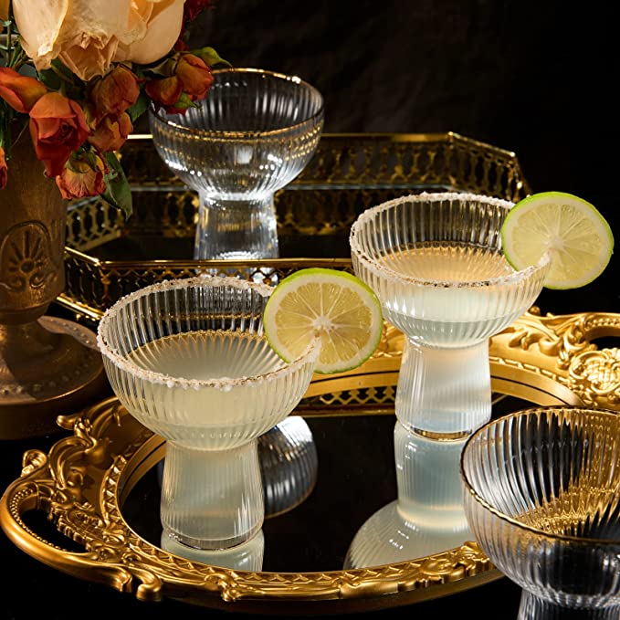 Ribbed Stemless Margarita Glasses with Gold Rim - Set of 4 (10 OZ)