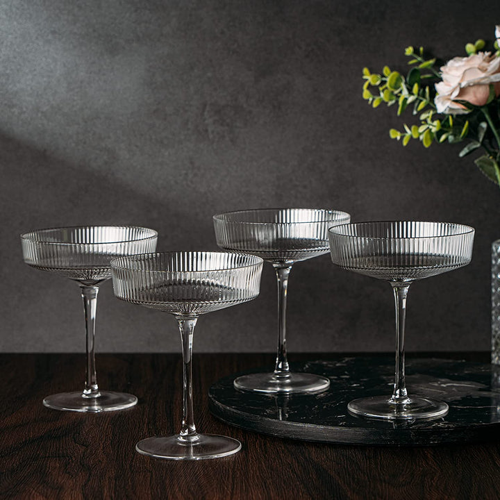 Ribbed Coupe Cocktail Glasses 8 oz | Set of 4 | Classic Manhattan Glasses For Cocktails, Champagne Coupe, Ripple Coupe Glasses, Art Deco Gatsby Vintage, Crystal with Stems (Clear) by The Wine Savant