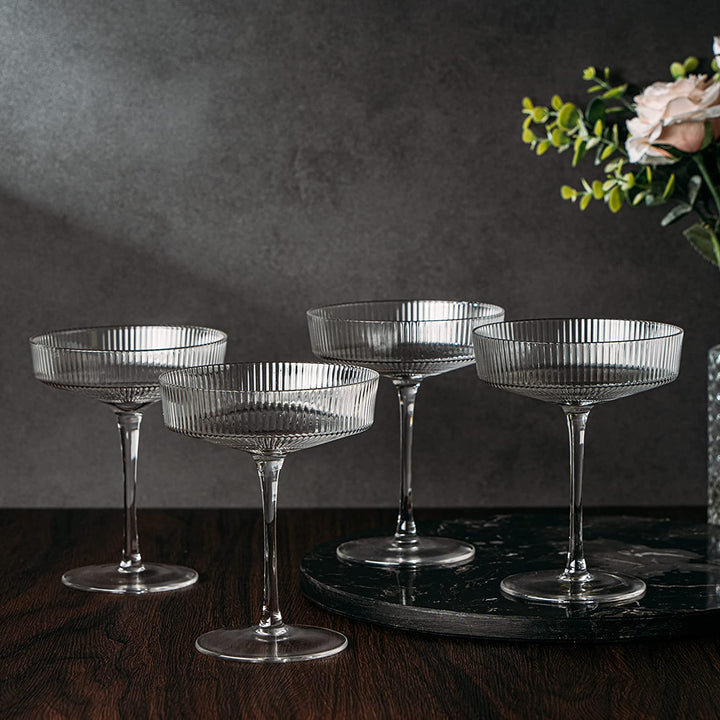 Ribbed Coupe Cocktail Glasses 8 oz | Set of 4 (Clear)