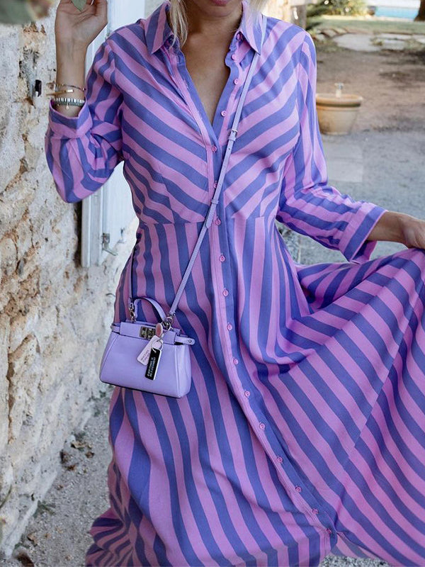 Stylish Long Sleeves Striped Lapel Collar Maxi Dresses by migunica