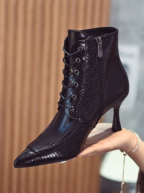 Lace-Up Pointed-Toe Snake Shape Split-Joint Boots Pumps by migunica
