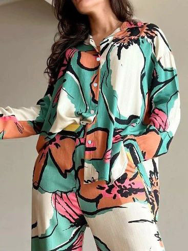 Flower Print Buttoned Lapel Blouses Top + High Waisted Wide Leg Pants Bottom Two Pieces Set by migunica