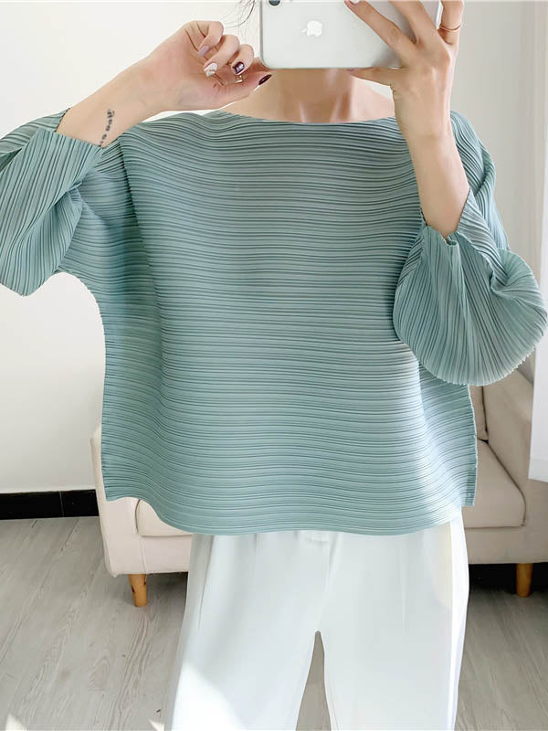 Casual Loose Three-Quarter Sleeves Pleated Solid Color Round-Neck T-Shirts Tops by migunica