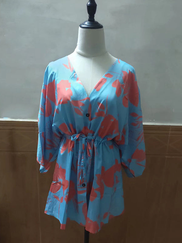 Original Loose Floral Printed Contrast Color Tied Mini Shirt Dress by migunica