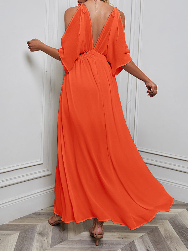 Batwing Sleeves Loose Solid Color Split-Front Deep V-Neck Maxi Dresses by migunica