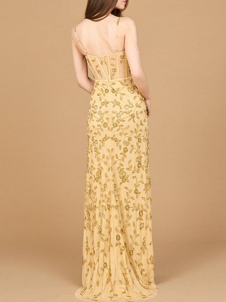 Beaded Corset Gown with Slit
