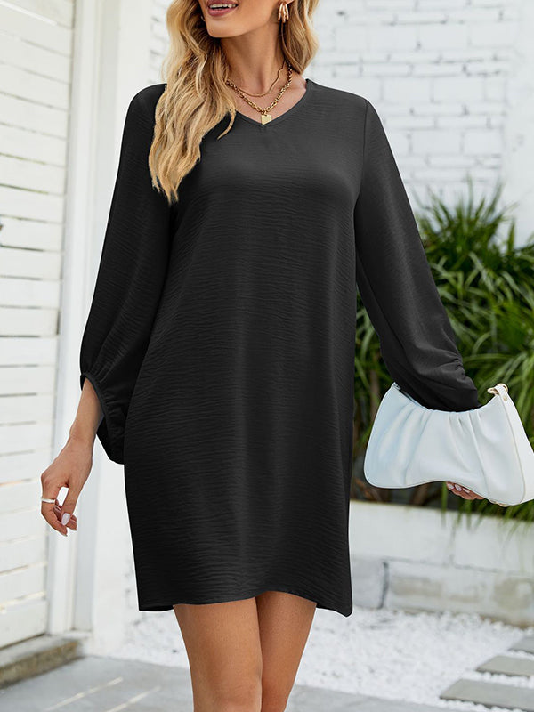 Loose Puff Sleeves Solid Color Round-Neck Mini Dresses by migunica
