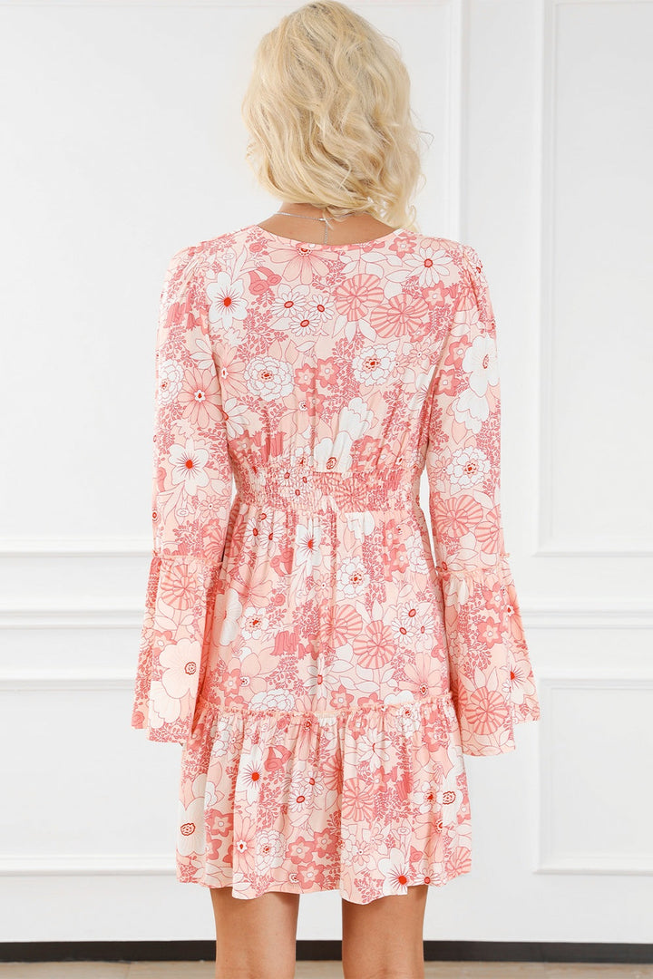 Smocked Printed Flare Sleeve Mini Dress by Coco Charli