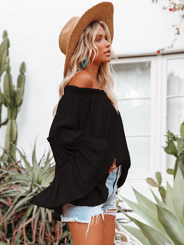Urban Solid Color Pleated Puff Sleeves Off-The-Shoulder Blouse by migunica