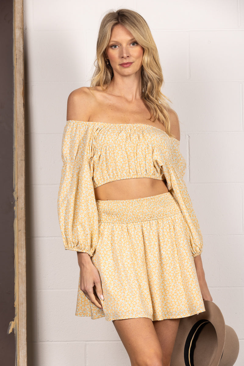 YELLOW OFF- SHOULDER CROP TOP AND ELASTIC WAIST SKIRT SET HSET0005 by Stylish Wholesale Inc