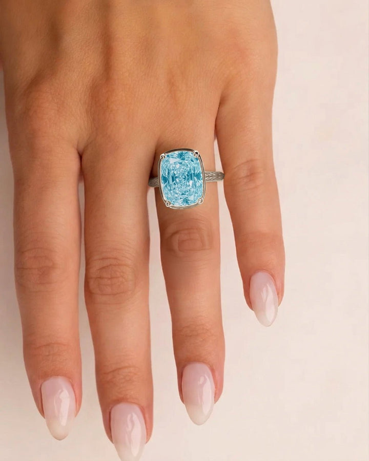 Aquamarine Elongated Cushion CZ Cocktail Ring
