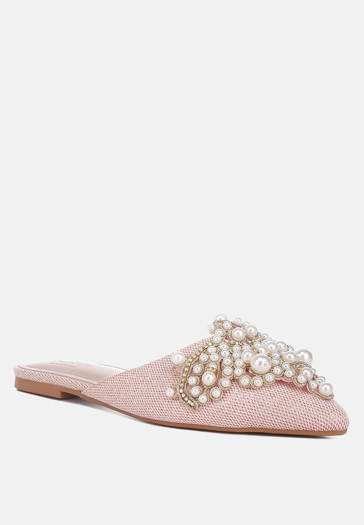 astre pearl embellished shimmer mules by London Rag