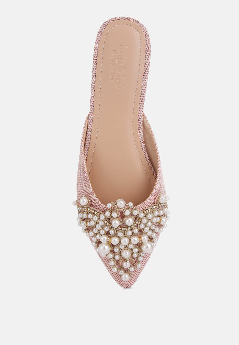 astre pearl embellished shimmer mules by London Rag